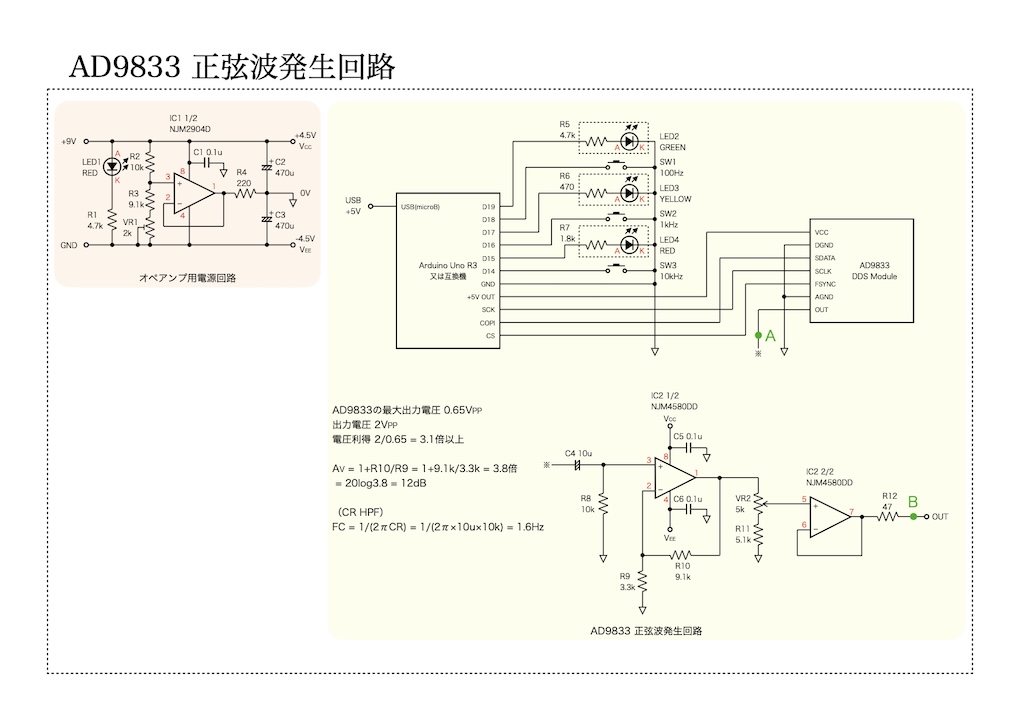 AD9833 正弦波発生回路の回路図