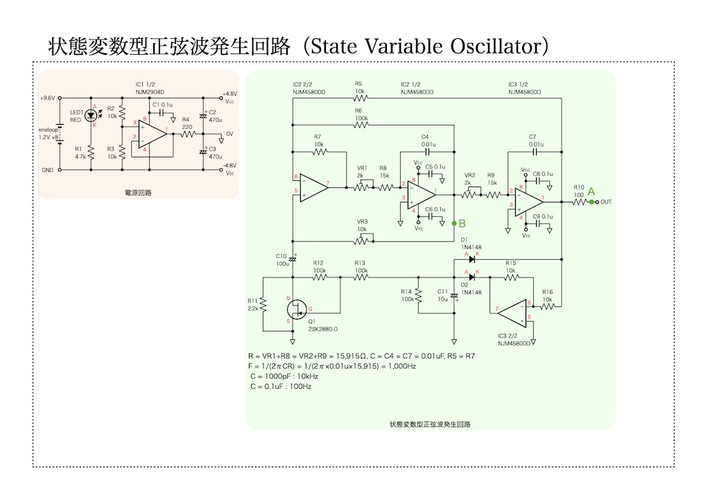 状態変数型正弦波発生回路の回路図
